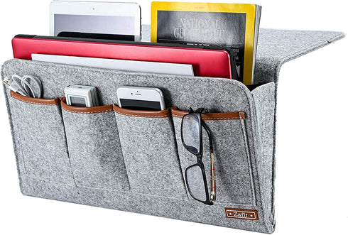 Zafit Bedside Caddy, 7 Pockets Large Size Bedside Storage Organizer Bedside Organizer Caddy for Magazine Remotes Phone (17.3'' x 18.1'', Light Grey)