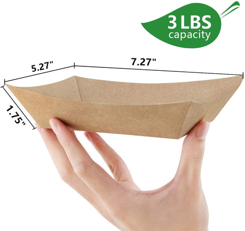 Eupako Paper Food Trays 3 Lb Capacity Disposable Kraft Paper Food Serving Tray Grease Resistant Boat (Brown, 100 Pack)