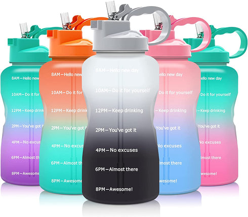 Podocarpus Water Bottles with Times to Drink, 64/128OZ Gallon Water Bottle with Straw & Wide Mouth, BPA Free Durable Reusable Perfect for Gym Sports Outdoor White/Gray, Motivational Water Bottle