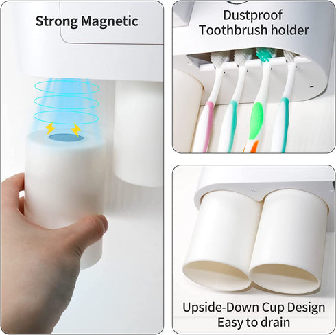Toothbrush Holder Wall Mounted with Automatic Toothpaste Dispenser 4 Waterproof Toothbrush Slots with Dust-Cover 2 Magnetic Cups and Mini Drawer for Bathroom Shower
