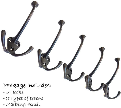 5 Pack Ambipolar TriLeg Hook, Heavy Duty Big Triple Leg / Double Coat Hooks Base. Entryway Coat Hooks, Scarf and Jacket Hangers.Perfect Bath Towel Heavy Hooks (5 Pack, Oil Rubbed Bronze)