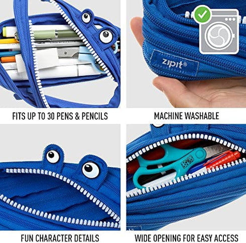 ZIPIT Monster Pencil Case for Boys, Holds Up to 30 Pens, Machine Washable, Made of One Long Zipper!, Royal Blue