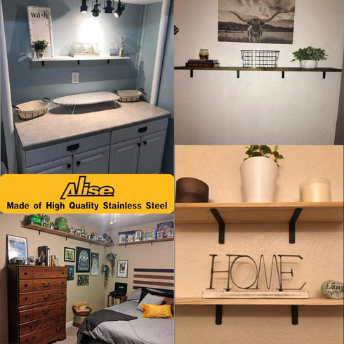 Alise 6x6 Inch Stainless Steel Shelf Bracket Heavy Duty Brackets for Floating Shelves Boards Wall Hanging Support,Black Finish 4 Pcs