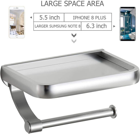 KooNiosio Toilet Paper Holder with Shelf, Anti-Rust Aluminum Toilet Roll Holder with Phone Shelf for All Mobile Phone, Wall Mounted Bathroom Tissue Holder (Silver)