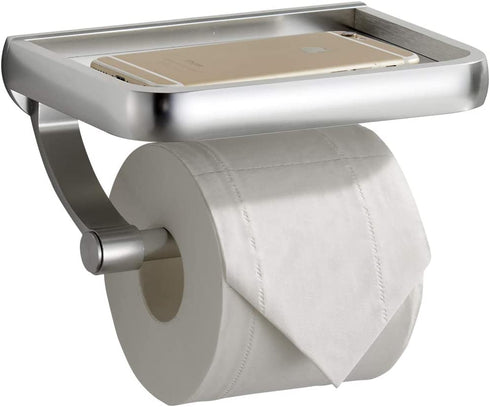 KooNiosio Toilet Paper Holder with Shelf, Anti-Rust Aluminum Toilet Roll Holder with Phone Shelf for All Mobile Phone, Wall Mounted Bathroom Tissue Holder (Silver)