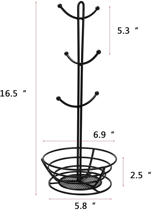 Coffee Pod Holder with Mug Rack, Black Metal K-Cups Pods Storage Organizer for Coffee Capsule with Mugs Tree for 6 Cups