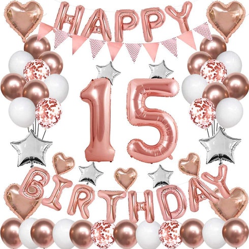 Rose Gold 15th Birthday Decorations for Girl Women,15th Birthday Balloons Supplies for Her 15 Rose Gold Number Balloon Happy Birthday Banner Confetti Balloons Star Heart Foil Balloons
