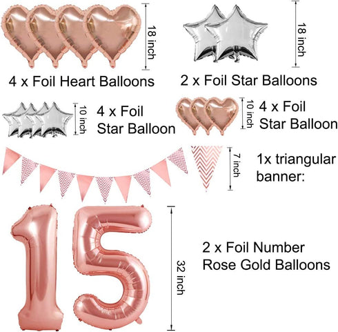 Rose Gold 15th Birthday Decorations for Girl Women,15th Birthday Balloons Supplies for Her 15 Rose Gold Number Balloon Happy Birthday Banner Confetti Balloons Star Heart Foil Balloons