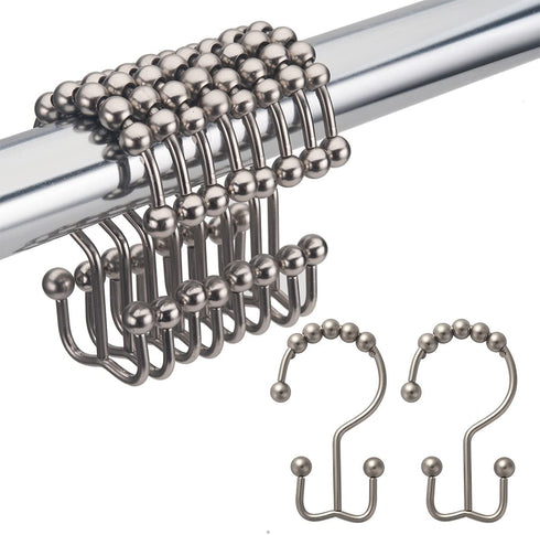 Amazer Shower Curtain Rings, Rust-Resistant Metal Double Shower Hooks for Curtain Rolling Shower Curtain Hooks Rings Shower Rings for Bathroom Shower Curtain Rod , Matte Nickel, Set of 12 Rings