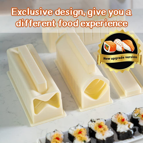 Upgraded Sushi Making Kit Deluxe Edition with Complete Sushi Set 14 Pieces Plastic Sushi Maker Tool Complete with 12 Sushi Rice Roll Mold Shapes Fork Spatula DIY Home Sushi Tool