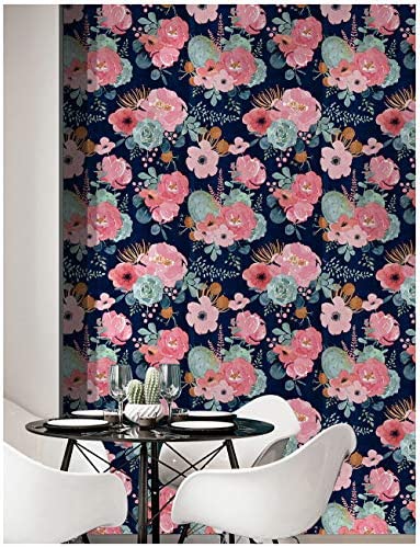 HAOKHOME 93005-1 Peel and Stick Modern Floral Wallpaper Pink/Green/Navy/Orange Vinyl Self Adhesive Prepasted Decorative 17.7in x 9.8ft