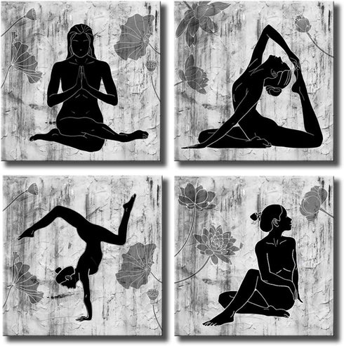 Kolo Wall Art Abstract Yoga Wall Art Canvas Prints 4 Panels Black and White Zen Painting Picture with Lotus Flower Modern Wall Decor Framed for Home Wall Decoration 12"x12"x4 pcs (12"x12"x4 Panels)