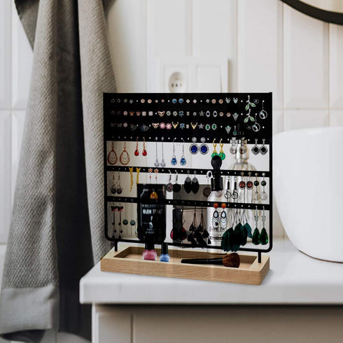Earrings Organizer Jewelry Display Stand, 144 Holes Earring Holder Rack with Wooden Tray for Earrings Necklaces Bracelets and Rings Large Storage Earring Jewelry Display Tree as Women Girls Gift