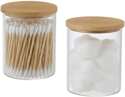 YININE Bamboo Vanity Tray, Bathroom Tray Organizer Glass Qtip Holder Dispenser Apothecary Jars for Cotton Swabs Balls Round Pad Perfume Candles Cosmetics Jewelry Makeup