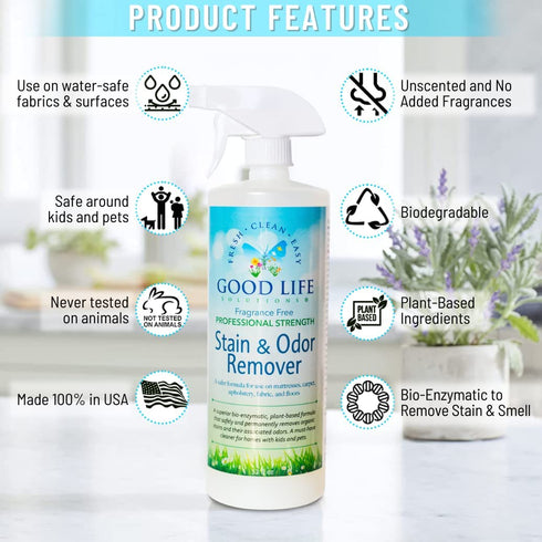 Good Life Solutions Stain and Odor Remover - Unscented, Plant Based, and Enzyme Cleaning Spray for Pet and Baby Urine on Mattress, Sofa/Couch, Carpet/Rugs, Pet Bed, Furniture/Upholstery and Most Fabric - 32 oz