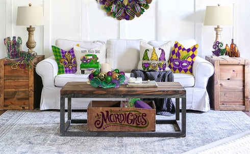 4TH Emotion Mardi Gras Pillow Covers 18x18 Set of 4 Spring Farmhouse Decor Beads Eye Mask Fleur De Lis Feather Gnomes Truck Holiday Decorations Throw Cushion Case for Home Decorations TH084