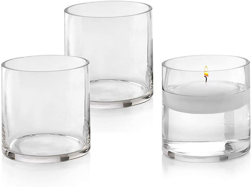 Set of 3 Glass Cylinder Vases 4 Inch Tall - Multi-use: Pillar Candle, Floating Candles Holders or Flower Vase Perfect as a Wedding Centerpieces.