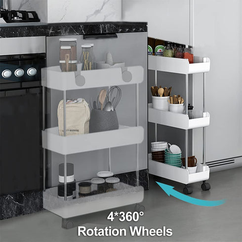 Slim Storage Cart, 3 Tier Mobile Shelving Unit Organizer, Slide Out Rolling Utility Cart Shelf Rack for Kitchen Bathroom Laundry Room Narrow Places, Plastic & Stainless Steel, White