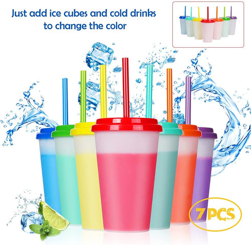 12oz Plastic Kids Cups with Lids & Straws - 7 Pack Reusable Color Changing Cups Adults Drinking Cup | Bulk Tumblers with Straw for Party Ice Coffee Smoothie Juice