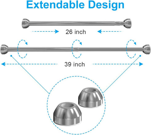 TEECK Shower Curtain Rod, 26-39 inch Adjustable Tension Spring, Shower Curtain Rod Tension, Premium Stainless Steel, Anti-Slip, No Drilling, No Rust, for Bathroom, Silver