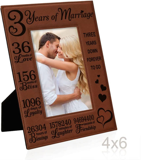KATE POSH 3rd Anniversary, 3rd Wedding Anniversary, 3 Years Anniversary, Three Years of Marriage, Third Anniversary Engraved Rawhide Leather Picture Frame (4x6-Vertical)