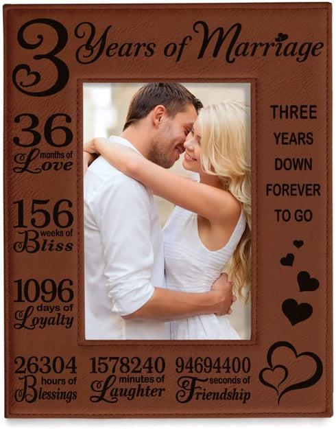 KATE POSH 3rd Anniversary, 3rd Wedding Anniversary, 3 Years Anniversary, Three Years of Marriage, Third Anniversary Engraved Rawhide Leather Picture Frame (4x6-Vertical)