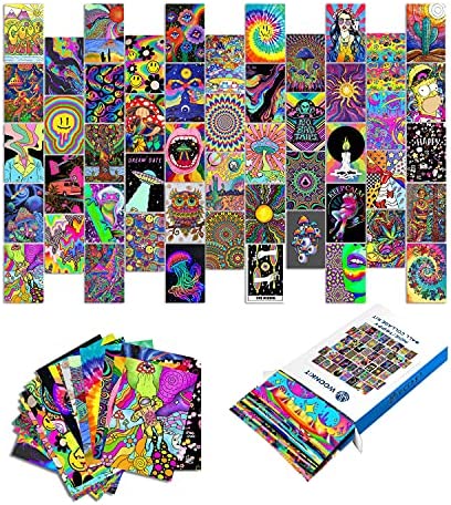 Woonkit Trippy Room Decor, Indie Room Decor, Hippie Room Decor, Indie Hippie Trippy Posters, Teen Wall Bedroom Dorm Aesthetic Poster, Photo Wall Collage Kit Pictures, Psychedelic Posters, 50PCS 4X6 INCH