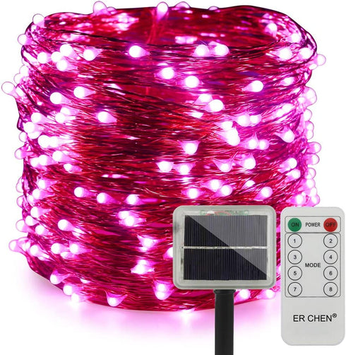 ER CHEN Outdoor Solar String Lights, 99Ft 300LEDs 8 Modes Fairy Lights with RF Remote, Waterproof Copper Wire Lights for Party, Patio, Garden, Yard (Pink)