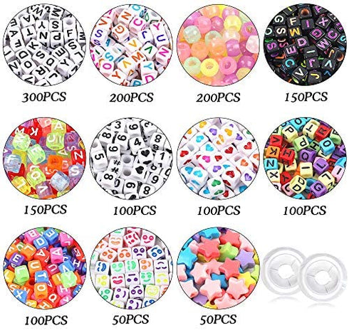 DICOBD 1500pcs Letter Beads Square Alphabet Beads for Bracelets Jewelry Making 11 Styles Cube Beads Transparent Glow in The Dark with 2 Rolls of 9 Meters Elastic String Cord
