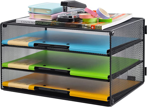 COSYAWN Paper Letter Tray Organizer, 3 Tier Mesh File Tray Desktop Paper Sorter, Black