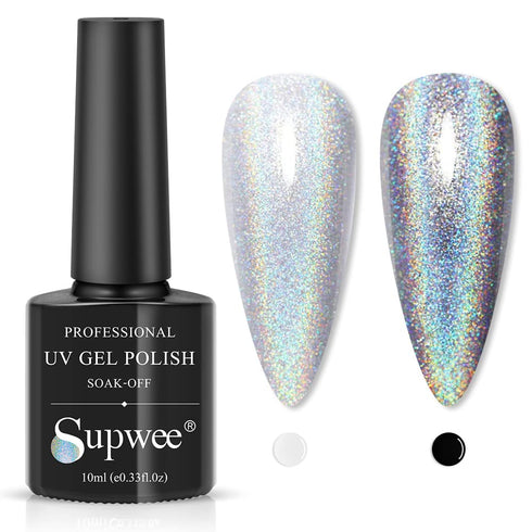Supwee Universal Holographic Gel Polish Silver Glitter Nail Polish Gel Laser Nail Gel Polish Glossy Iridescent Mermaid Effect Varnish Soak Off UV Gel Nail Art for Nail Salon 10ml(0.33fl.oz)