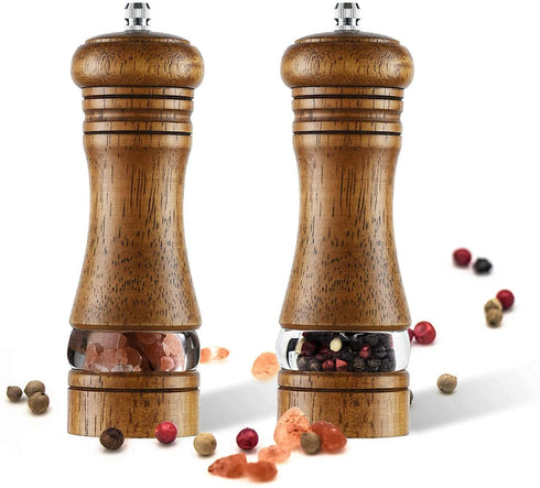 2-Piece Salt and Pepper Grinder Set, 6.5 Inch Wooden Salt and Pepper Mills with Adjustable Coarseness, Refillable Manual Pepper Mill Grinder for Home Cooks (Brown)