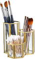 Hipiwe 3 Slots Glass Makeup Brush Holder - Gold Hexagon Cosmetics Brush Eyeliners Display Cup Home Decorative Makeup Organizer Desktop Pen/Pencil Pot Holder for Office