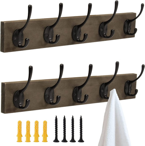 2 Packs Coat Hooks Wall Mounted, BEIUTAO Wooden Board Coat Rack with 5 Vintage Black Wall Hooks, Hat Hooks Heavy Duty, Can Hang Coats, Hats, Towels, Wallets, Keys, Scarves,ect.