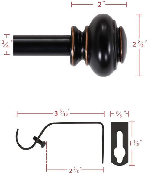 H.VERSAILTEX Window Curtain Rods for Windows 28 to 48 Inches Adjustable Decorative 3/4 Inch Diameter Single Window Curtain Rod Set with Classic Finials, Black with Antique Bronze Finishing