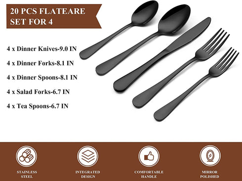 20 Pieces Black Silverware Set, Yoehka Premium Stainless Steel Flatware Set Service for 4, Durable Tableware Cutlery Set for Home and Restaurant, Include Knife Fork Spoon, Dishwasher Safe