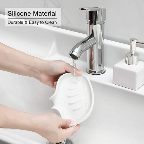 SUBEKYU Silicone Soap Dish for Bathroom,Bar Soap Holder for Shower with Draining Tray, Waterfall Soap Tray for Kitchen Sink, Set of 2 (2 White)