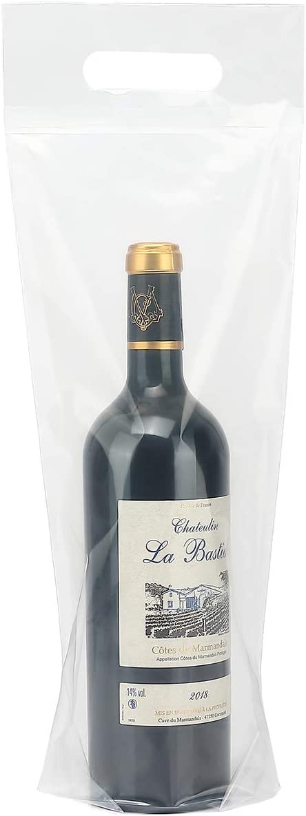 Wine Bottle Doggy Bag 100 Pack: Carryout Adhesive Seal Tamper Proof Travel Bags for Restaurants, Bars, and Dinner Parties (Clear)