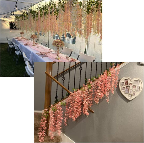 Oslimea 12 Pack 43.3 Feet Artificial Wisteria Vine Rattan Fake Wisteria Hanging Garland Flowers String Silk Wisteria Flower for Christmas Birthday Home Party Wedding Decor, Pink