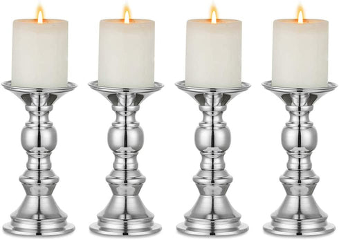 Nuptio Silver Pillar Candle Holders, Wedding Centerpieces Metal Candle Holder for 2 inches Candles Stand Decoration Ideal for Weddings Special Events Parties Living Room, 4 Pcs