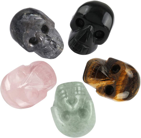 mookaitedecor 1 Inch Assorted Crystal Skull Sculpture Set of 5, Hand Carved Gemstone Statue Figurine Collectible Healing Reiki