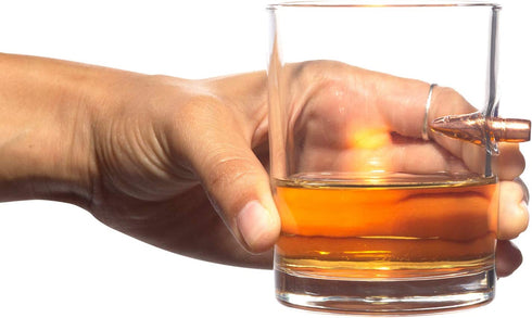 Houseables .308 Bullet Glasses, Glass Whiskey Cups, 9.5 OZ, 2 Pk, Rocks Cup, Drinking Lowball w/Round Embedded, Old Fashioned, Scotch, Bourbon, Copper Projectile, Cocktails, Gift Set, Gift for Men