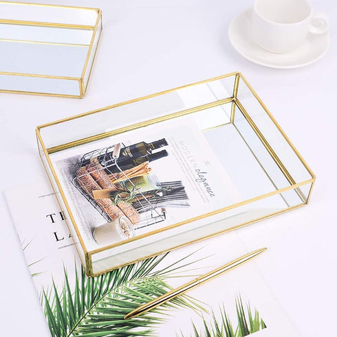 BEYST Glass Mirror Storage Tray, Rectangle Dressing Table Makeup Tray with Gold Wire, Jewelry Perfume Organizer for Vanity, Dresser, Bathroom, Bedroom
