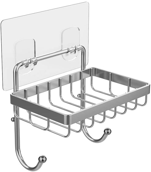 ODesign Soap Dish Sponge Holder with Hook for Bathroom Shower Kitchen Wall Mounted Rustproof Stainless Steel - Adhesive No Drilling