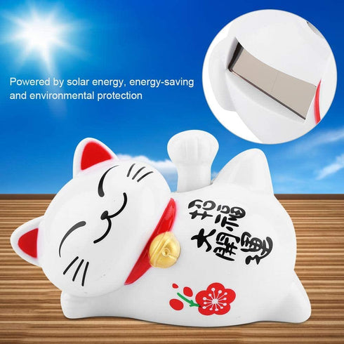 FTVOGUE Solar Powered Maneki Neko Lucky Cat, Fortune Welcoming Waving Arm Paw Up Lazy Lying Wealth Fortune Cat Home Stores Car Feng Shui Decor White(01)