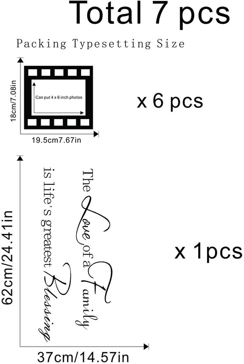 BIUBIUGO Family Wall Decals for Living Room,Contains 6 Pcs 4x6in Picture Frame,Family Inspirational Wall Stickers Quotes,The Love of A Family is Life's Greatest Blessing Family Wall Stickers