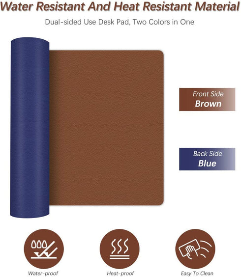 Office Desk Pad Protector Mouse Pad 17 X 34 Inch Desk Blotter Pad on Top of Writing Desks Waterproof PU Leather Desk Mat Desktop Accessory Organizer for Computer Laptop Keyboard Dual-Sided Brown/Blue