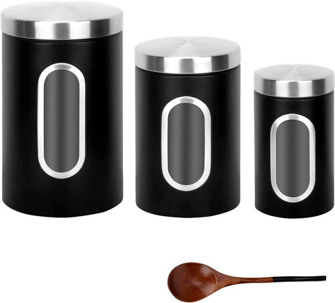 AEUNKIUO Kitchen Counter Canister set 3 pieces,with Long Wood Spoon, Stainless Steel Food Storage Containers with Visible Window and Brushed Airtight Lids ,For Sugar,Coffee,Biscult,Flour jar Keep Fresh,Black