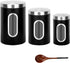AEUNKIUO Kitchen Counter Canister set 3 pieces,with Long Wood Spoon, Stainless Steel Food Storage Containers with Visible Window and Brushed Airtight Lids ,For Sugar,Coffee,Biscult,Flour jar Keep Fresh,Black
