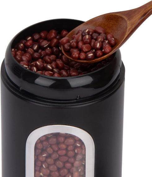 AEUNKIUO Kitchen Counter Canister set 3 pieces,with Long Wood Spoon, Stainless Steel Food Storage Containers with Visible Window and Brushed Airtight Lids ,For Sugar,Coffee,Biscult,Flour jar Keep Fresh,Black